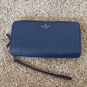 kate spade Navy Leather Zip-Around Wristlet with Gold Logo